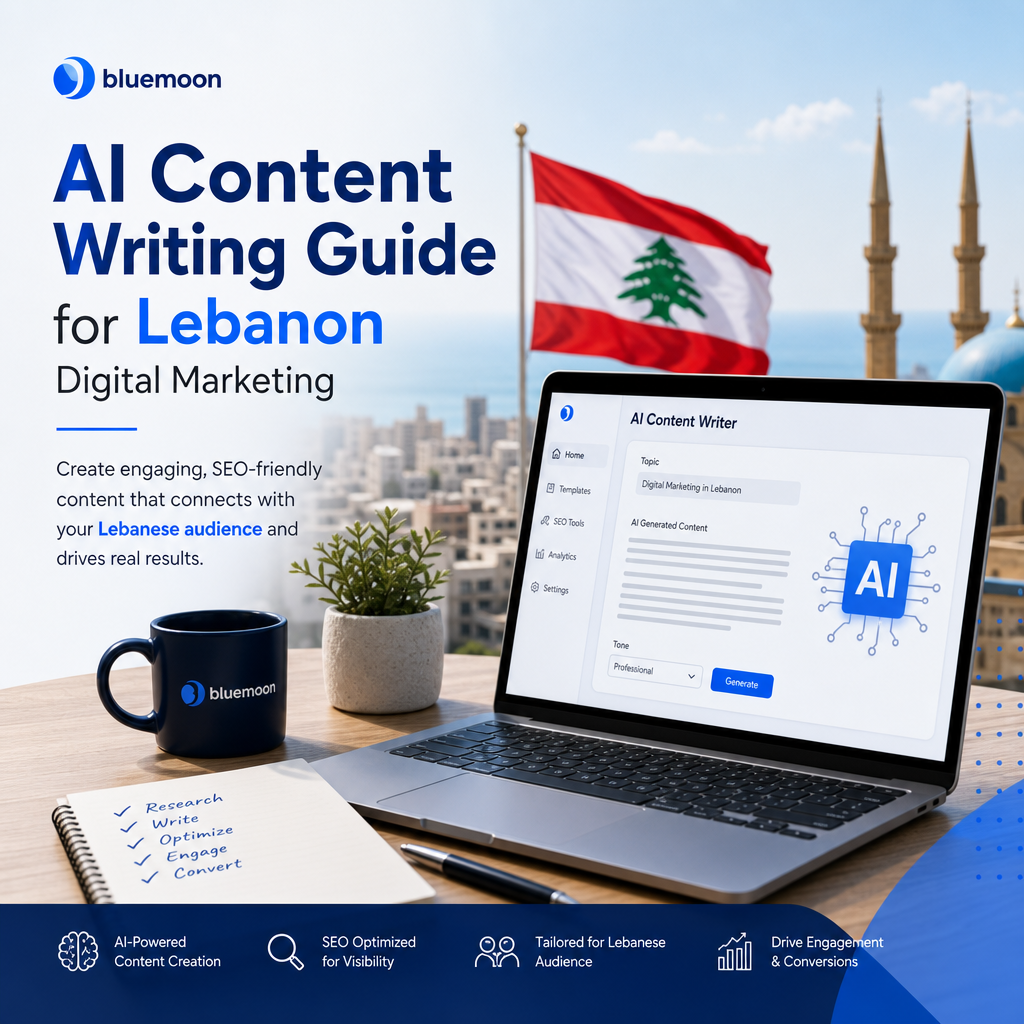Screenshot of an AI content writing guide webpage focused on Lebanon digital marketing by Bluemoon.
