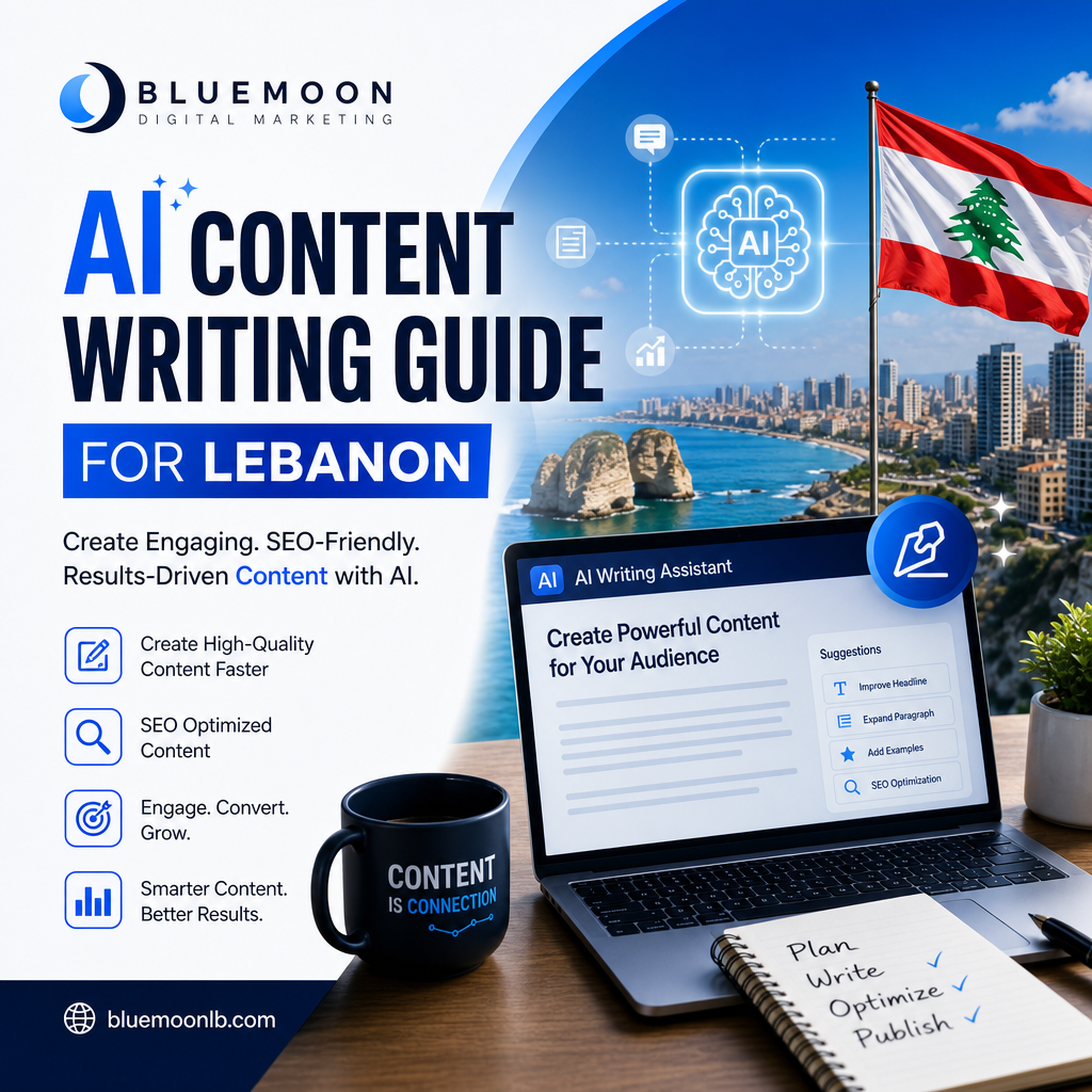 Illustration of AI content writing guide for Lebanon digital marketing with SEO tips and strategy icons.
