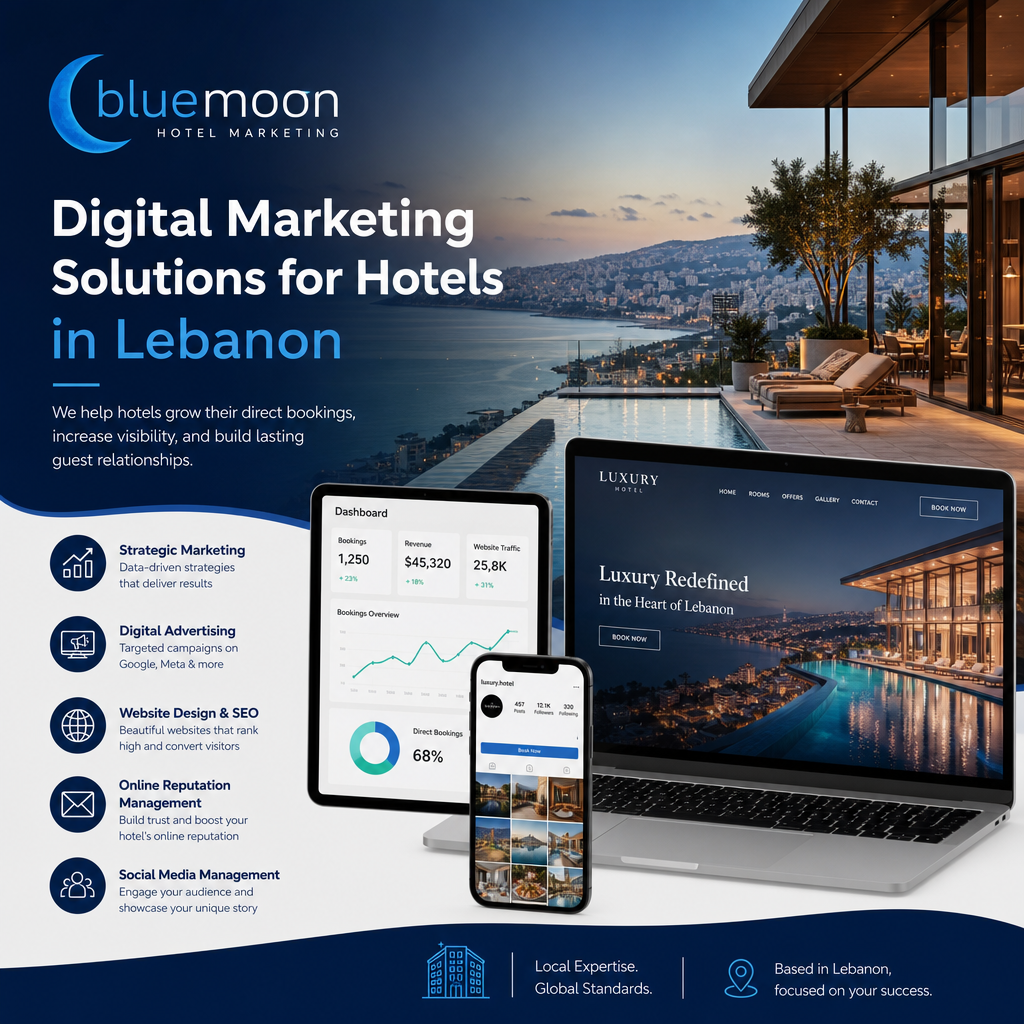 Bluemoon Hotel Digital Marketing Solutions Lebanon - Bluemoon Logo of Bluemoon Hotel Marketing with digital icons representing marketing solutions for hotels in Lebanon.