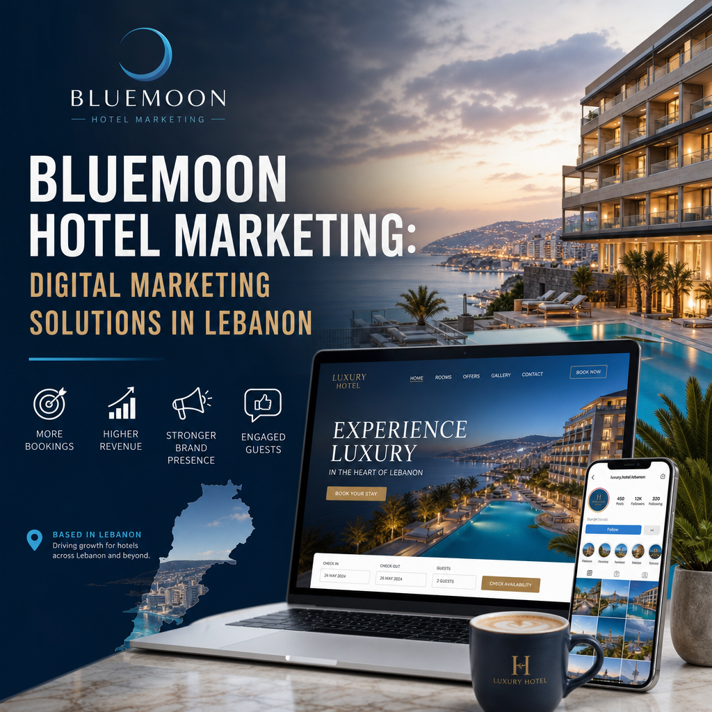Bluemoon Hotel Digital Marketing Solutions Lebanon - Bluemoon Bluemoon Hotel Marketing logo with digital marketing icons, highlighting hotel marketing solutions in Lebanon.