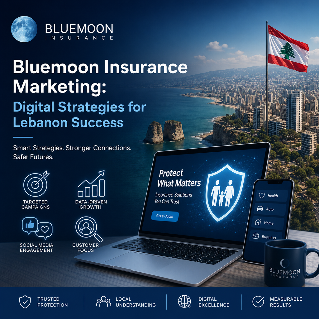 Infographic showing Bluemoon Insurance Marketing’s digital strategies to boost insurance business growth in Lebanon.
