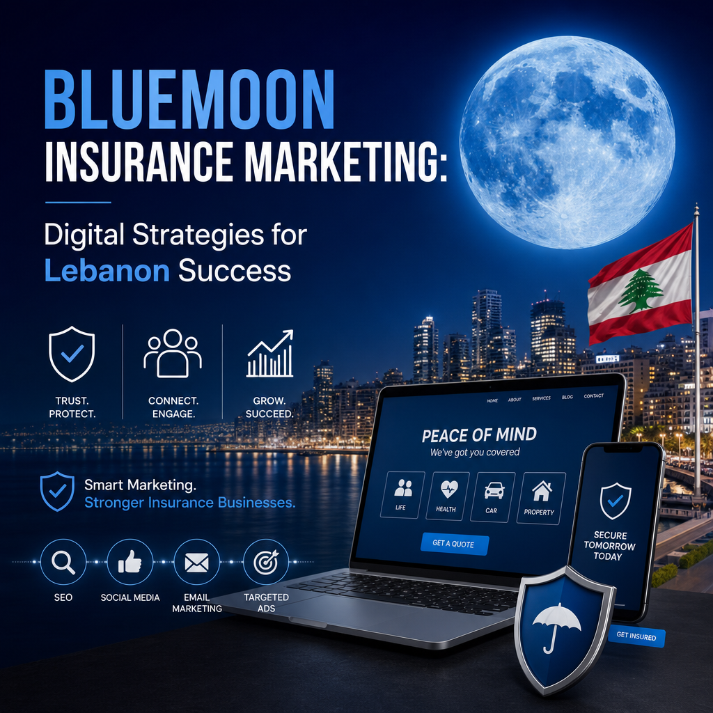 Bluemoon Insurance Marketing logo with digital icons representing strategies for growth in Lebanon's insurance market.