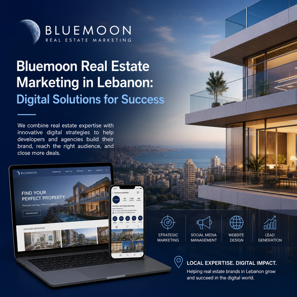 Logo and website mockup for Bluemoon Real Estate Marketing in Lebanon showcasing digital marketing services.