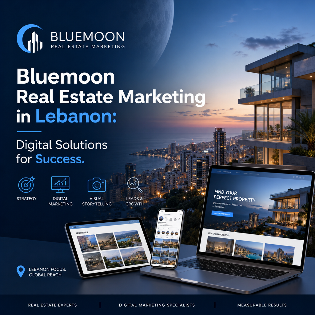 Blue moon logo over a digital map of Lebanon with real estate icons and marketing graphs illustrating digital solutions.