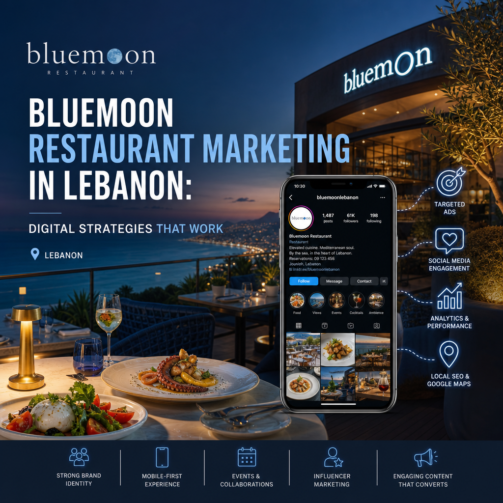 Bluemoon Restaurant marketing team analyzing digital strategies on laptop and smartphone with social media icons and analytic