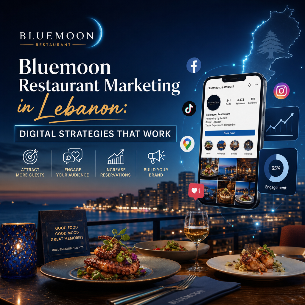 Laptop screen showing Bluemoon Restaurant's digital marketing plan with social media and influencer strategy elements.