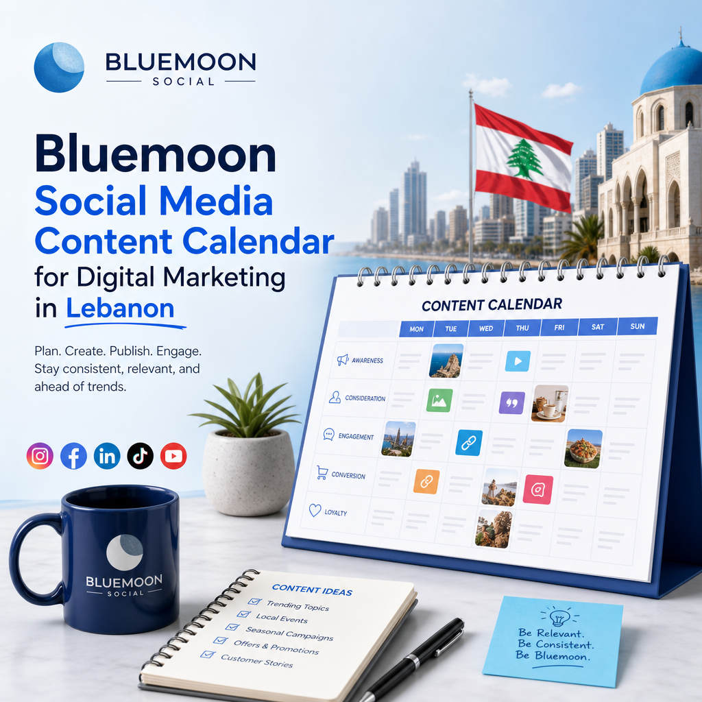 Bluemoon Social Media Content Calendar displaying digital marketing planning and engagement tools for Lebanon.