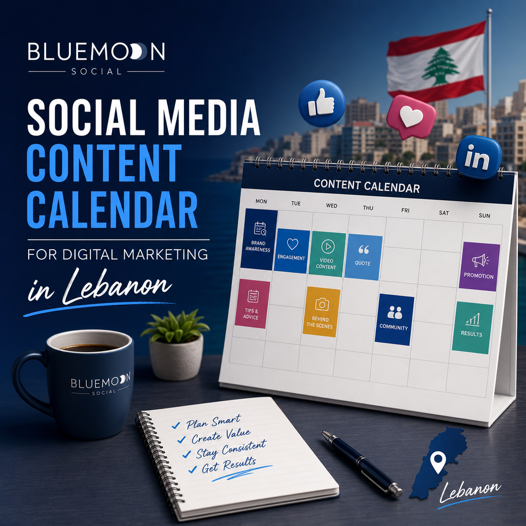 Bluemoon social media content calendar showing a monthly schedule for digital marketing in Lebanon with posts and important d