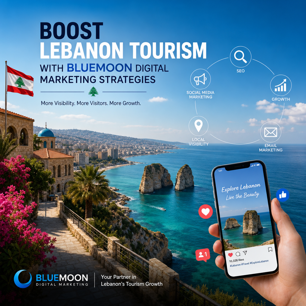 Scenic Lebanon coastline with clear blue waters, mountains, and digital marketing icons promoting tourism growth.