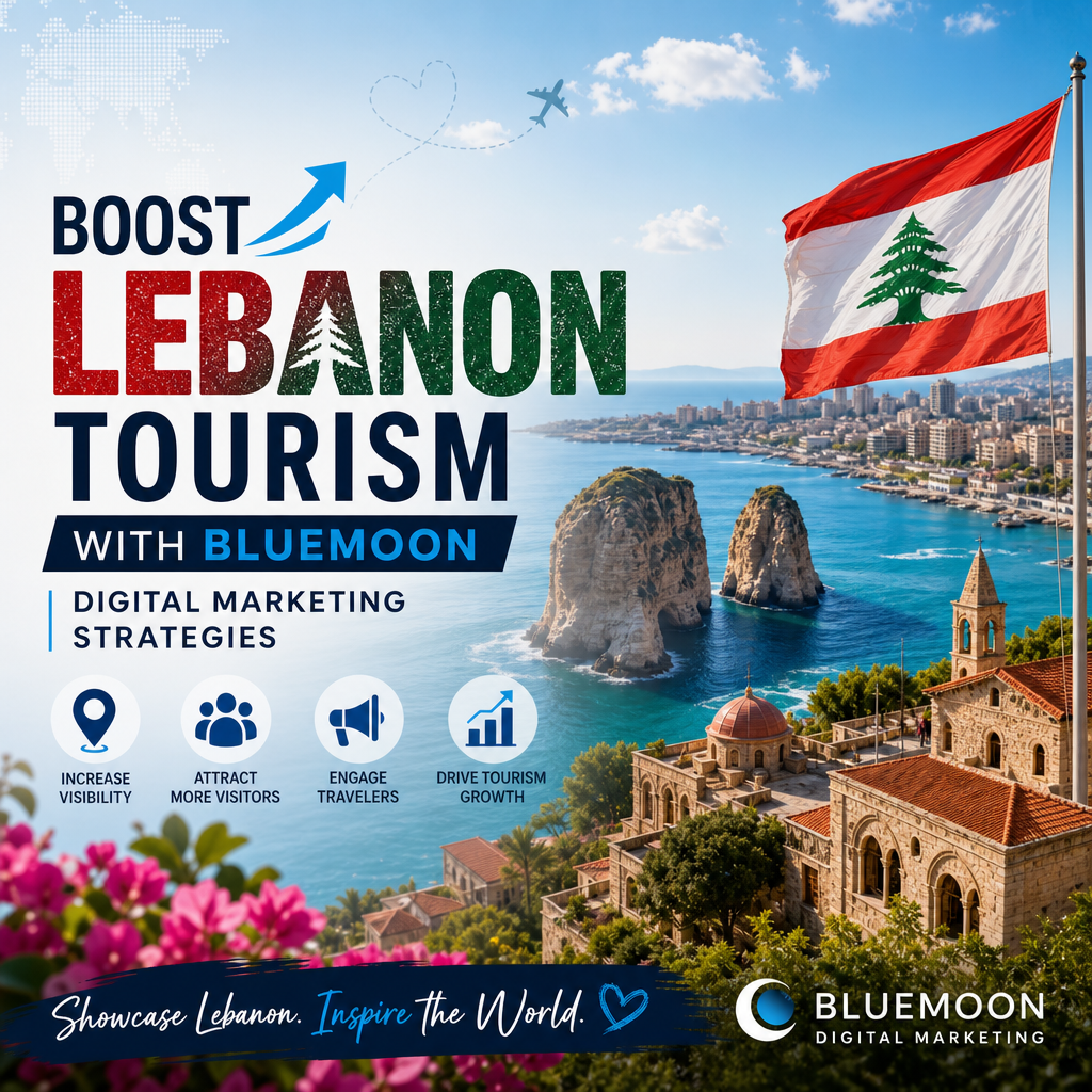A vibrant collage showcasing Lebanon's iconic landmarks with digital marketing icons symbolizing tourism growth by Bluemoon.
