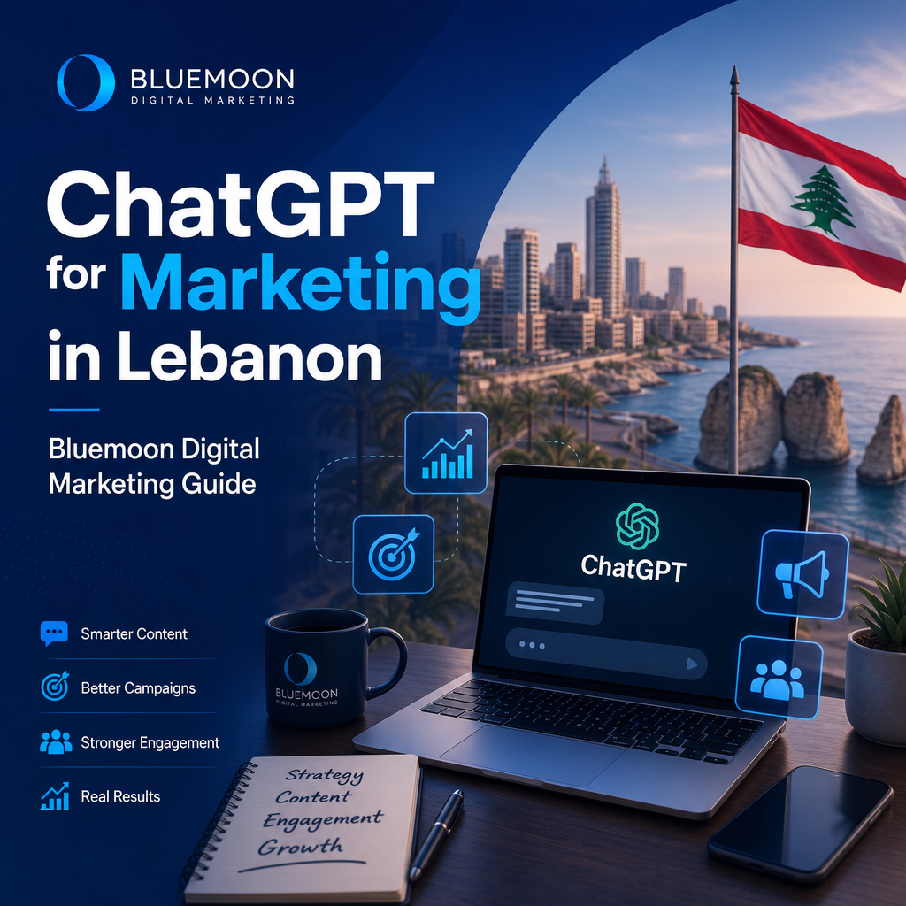 Cover image for "ChatGPT for Marketing in Lebanon" digital guide by Bluemoon Digital Marketing, featuring ChatGPT and Lebanon