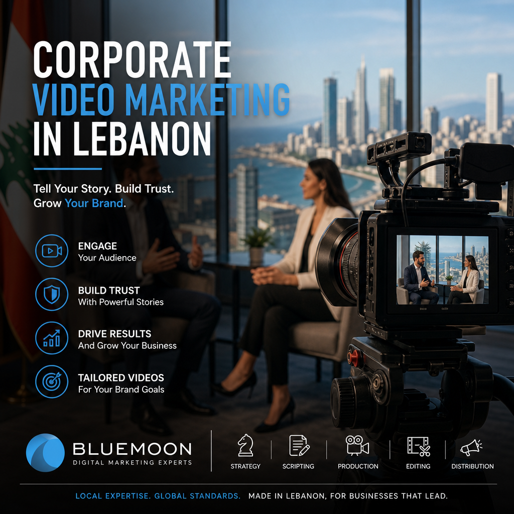 Business professionals collaborating on a corporate video marketing project, showcasing teamwork in Lebanon's digital marketi