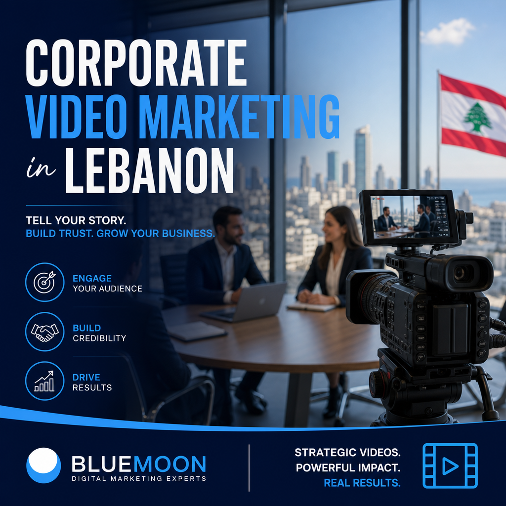 Laptop displaying a corporate video editing interface with Lebanese landmarks in the background.