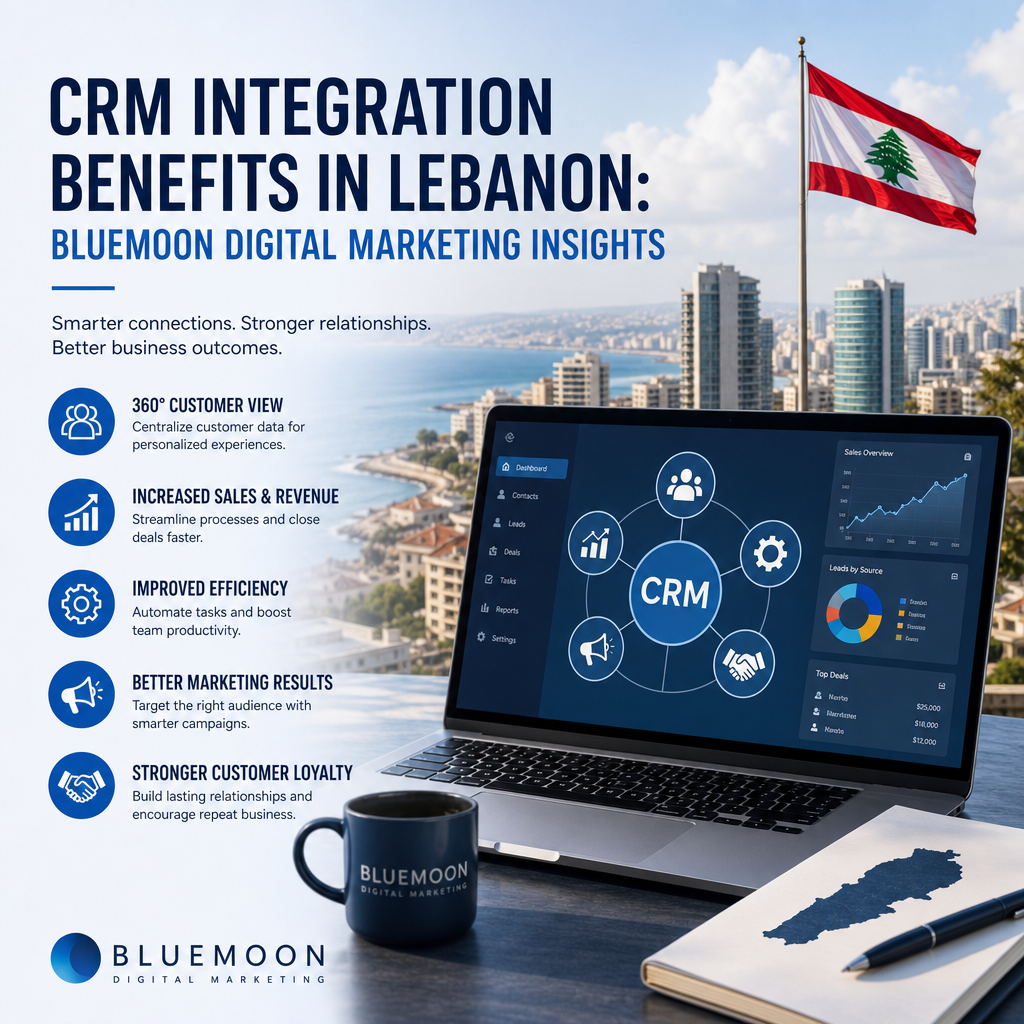 Graphic showing CRM integration benefits in Lebanon with BlueMoon Digital Marketing insights enhancing business growth.