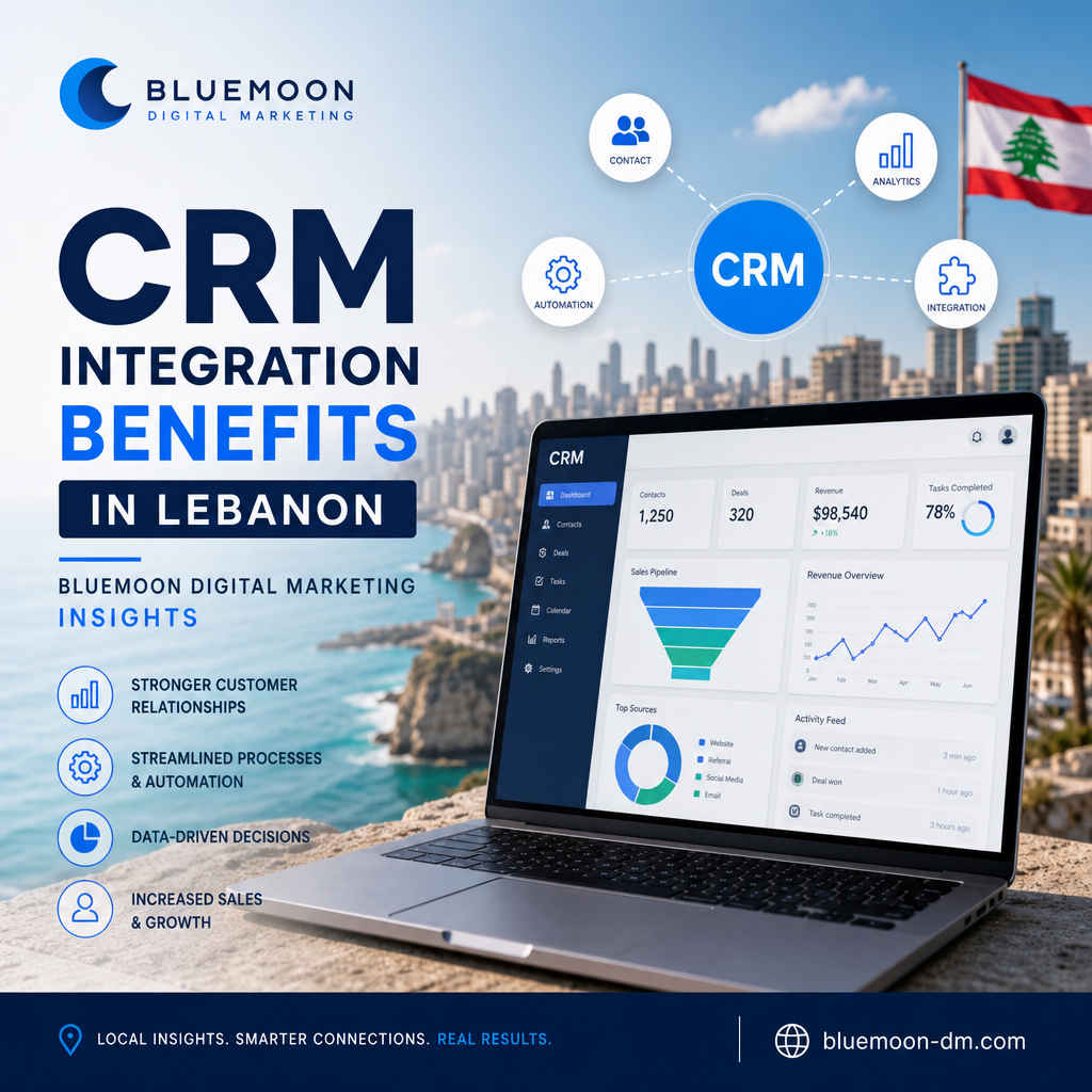 Graphic showing Lebanon map with CRM icons, charts, and digital marketing symbols illustrating business growth benefits.