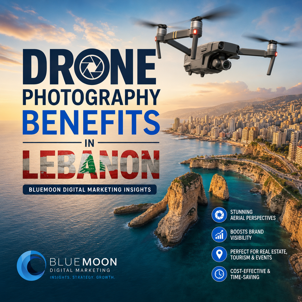 Aerial drone view of Lebanon’s landscapes highlighting drone photography benefits by Bluemoon Digital Marketing.