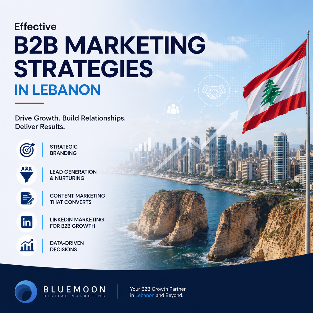 Infographic highlighting effective B2B marketing strategies in Lebanon including branding, lead generation, and LinkedIn mark