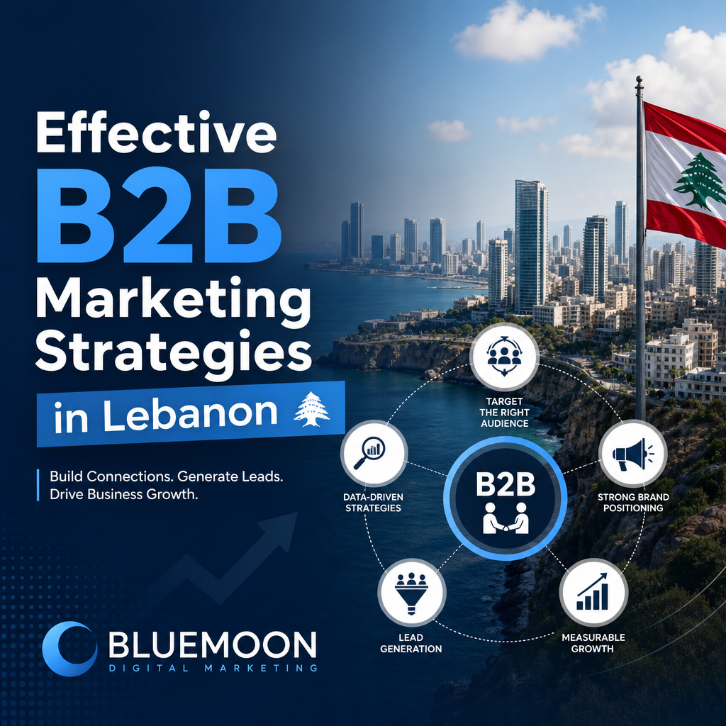 Effective B2B Marketing Strategies in Lebanon - Bluemoon Graph showing B2B marketing strategies in Lebanon with data trends and Bluemoon Digital Marketing branding.
