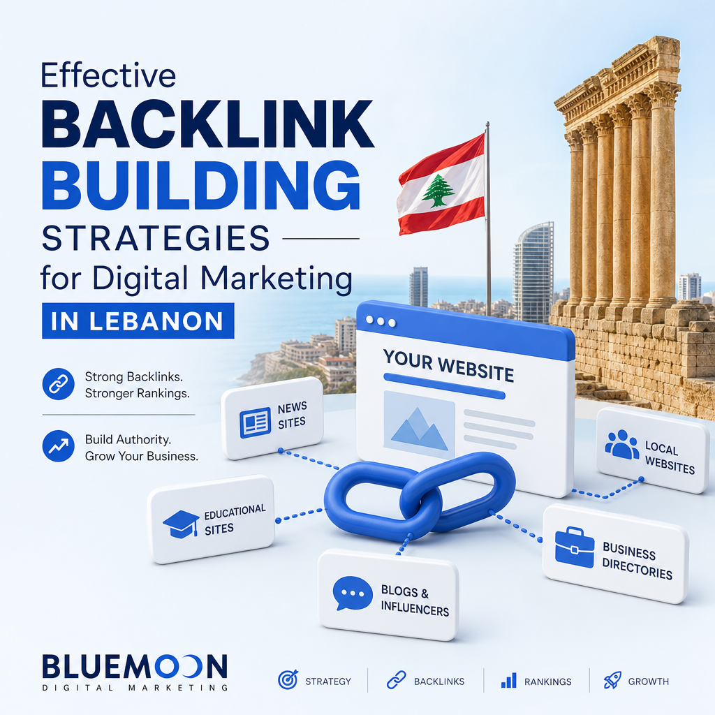 Diagram showing backlink building strategies enhancing digital marketing with local authority in Lebanon by Bluemoon.