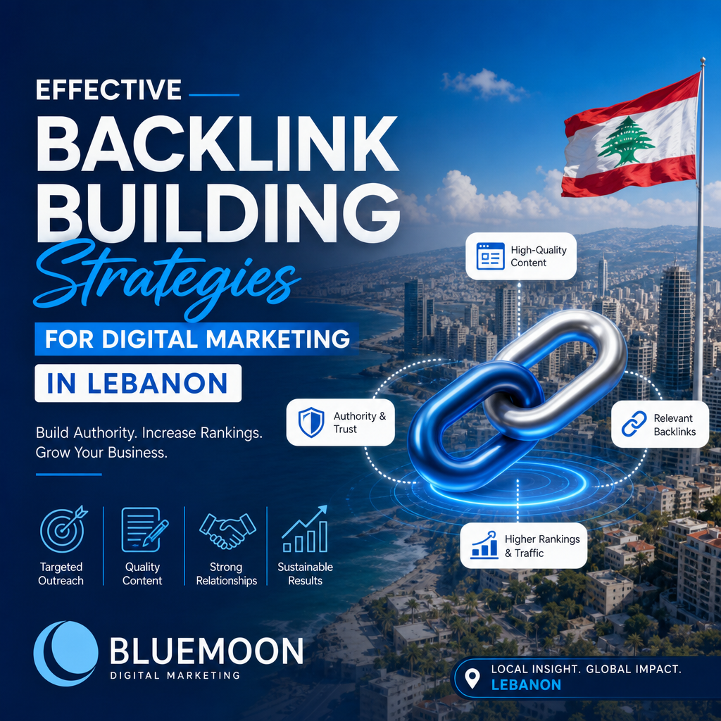 Backlink Building Strategies for Digital Marketing Lebanon - Bluemoon Illustration of backlink building strategy with interconnected nodes and digital marketing icons, emphasizing Lebanon's onlin