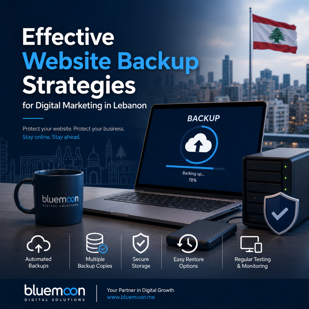 Illustration of a website backup process with cloud storage icons and digital marketing elements for businesses in Lebanon.