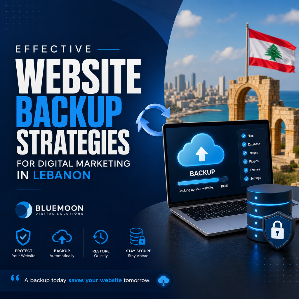 Illustration of secure website backup strategies protecting digital marketing data in Lebanon with cloud and manual options.