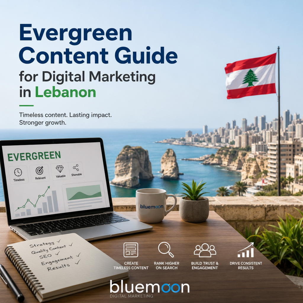 Infographic titled "Evergreen Content Guide for Digital Marketing in Lebanon | Bluemoon" with strategies for lasting impact a
