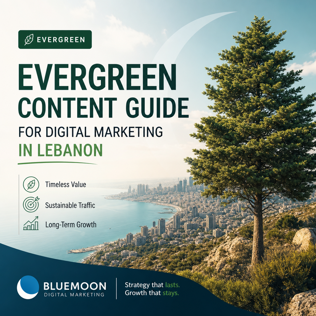 Illustration of a green evergreen tree with digital marketing icons representing lasting content strategies in Lebanon.