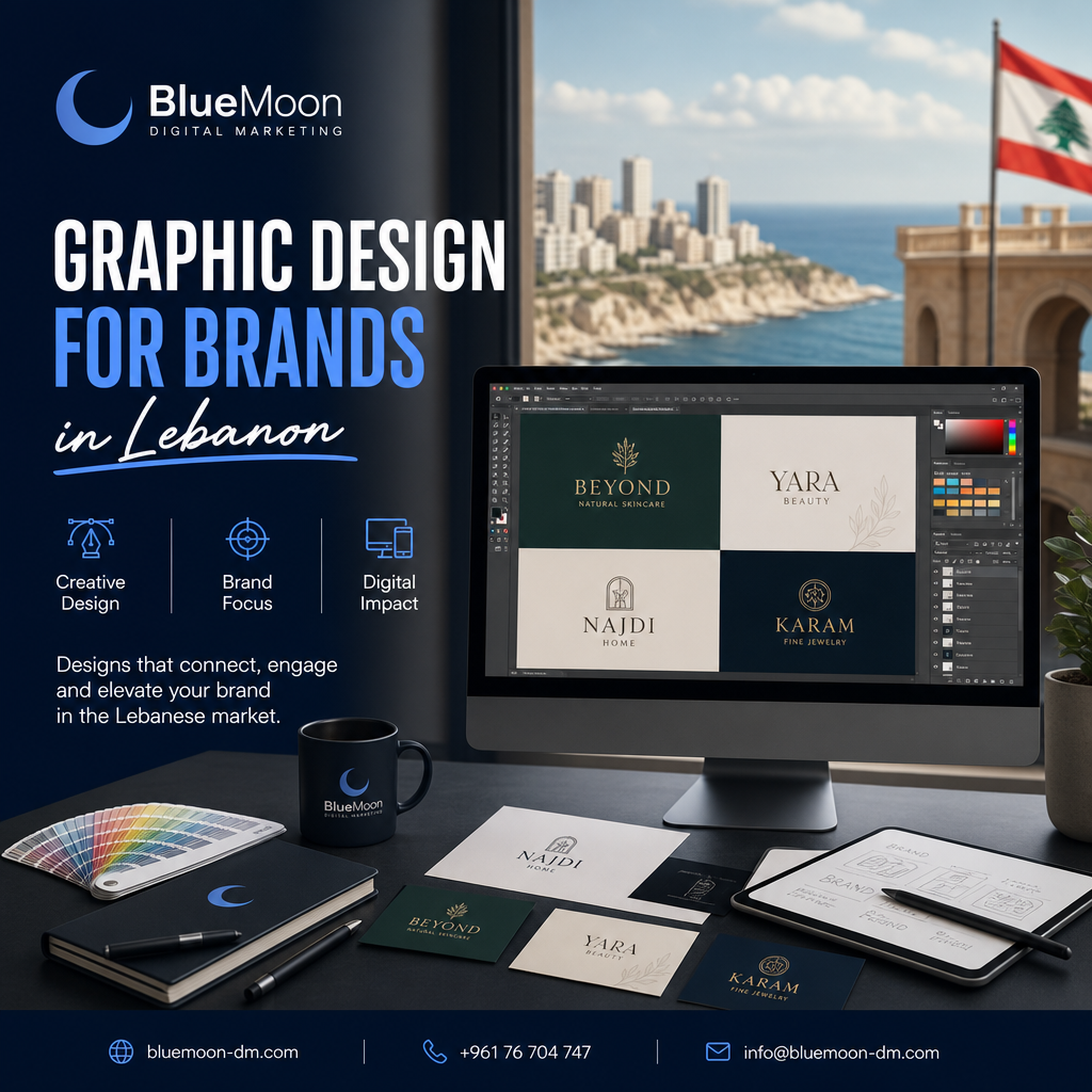 Logo and creative graphic design elements showcasing BlueMoon Digital Marketing's branding services in Lebanon.
