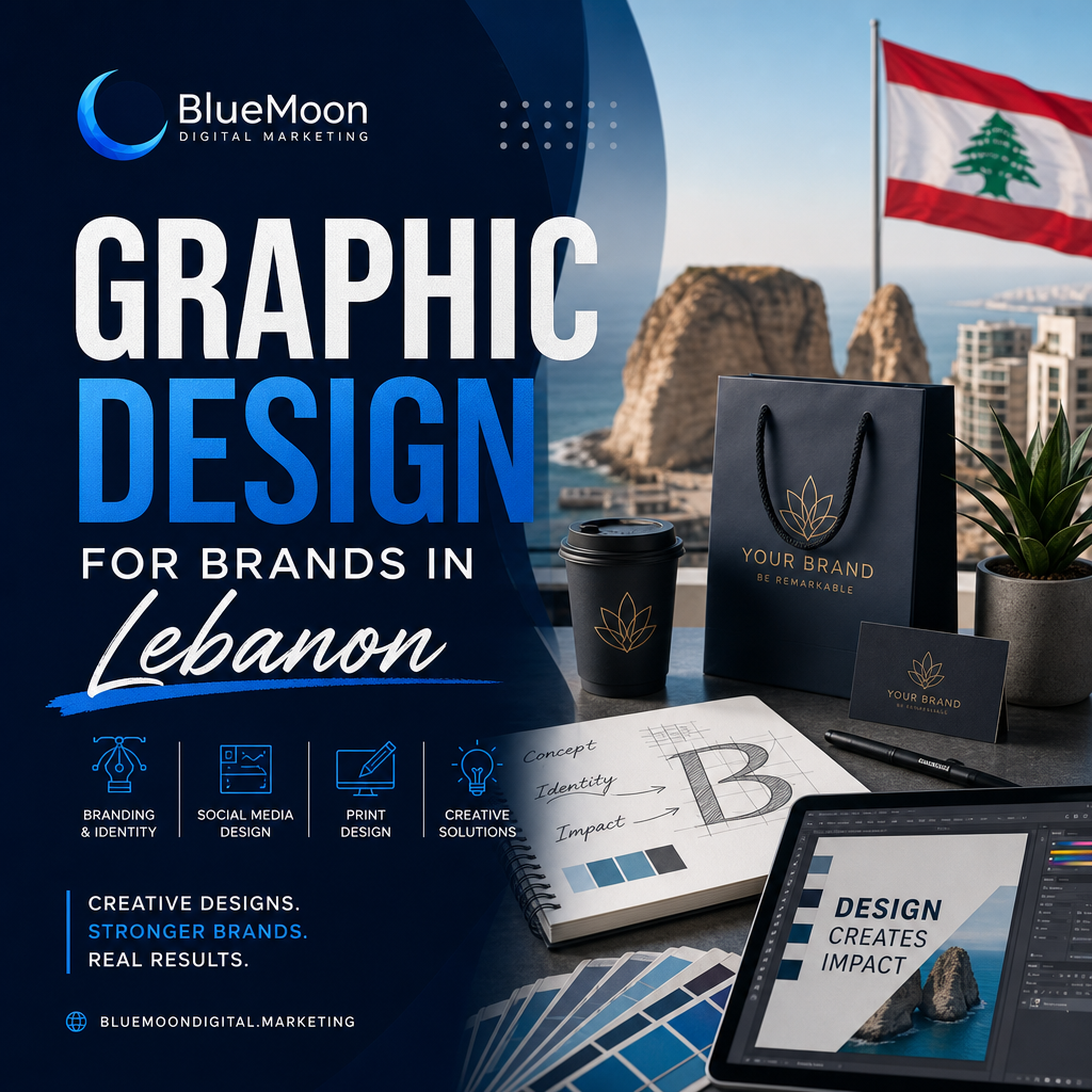Logo of BlueMoon Digital Marketing with vibrant blue and orange graphic design elements representing brand creativity in Leba