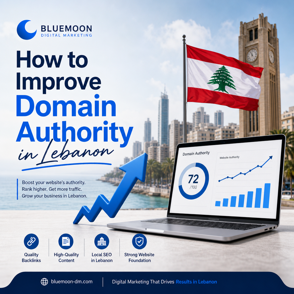 Infographic showing tips to improve domain authority in Lebanon by Bluemoon Digital Marketing with charts and strategy icons.
