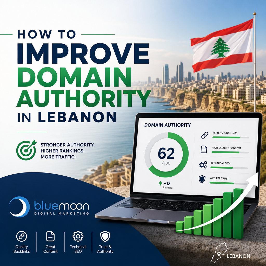 Improving Domain Authority in Lebanon Strategies - Bluemoon Illustration of a laptop displaying web analytics, a map of Lebanon, and SEO icons representing domain authority improvement