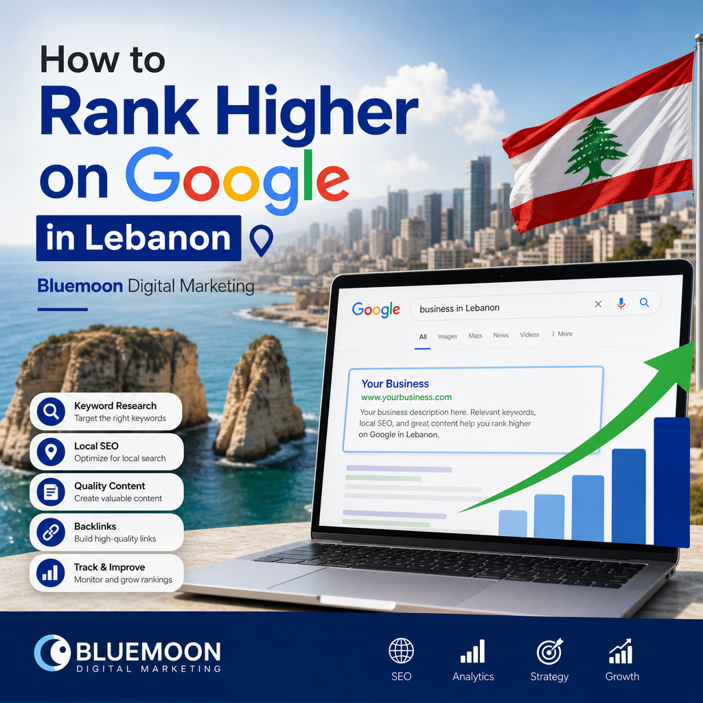 Screenshot of Bluemoon's guide on how to rank higher on Google in Lebanon with digital marketing tips and strategies.