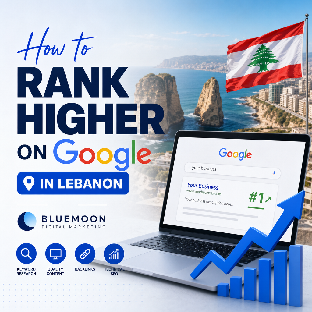 How to Rank Higher on Google in Lebanon - Bluemoon Laptop displaying SEO analytics with Lebanese landmarks and digital marketing icons in the background.