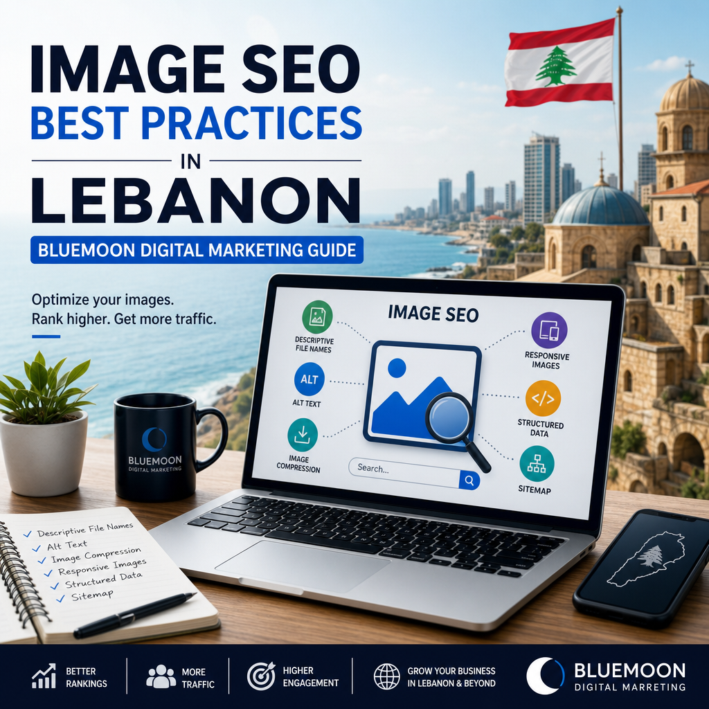 Screenshot of Bluemoon's digital marketing guide on image SEO best practices in Lebanon with key tips and keywords.