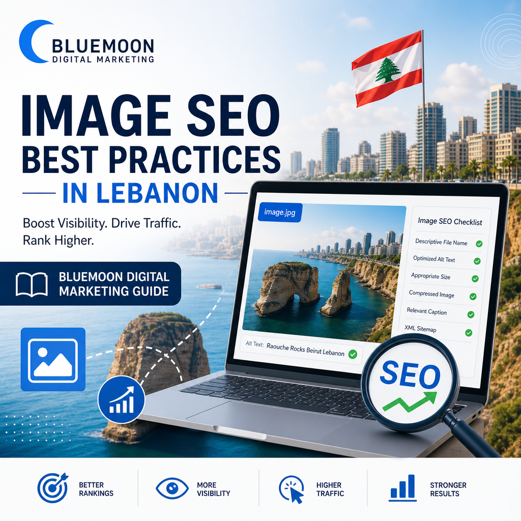 Infographic showing image SEO best practices for boosting online visibility in Lebanon by Bluemoon Digital Marketing.