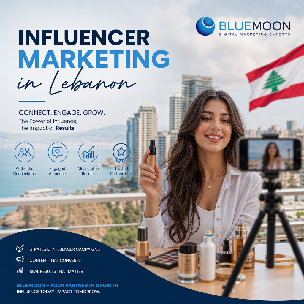 Group of diverse influencers collaborating with digital marketing experts at Bluemoon in Lebanon.