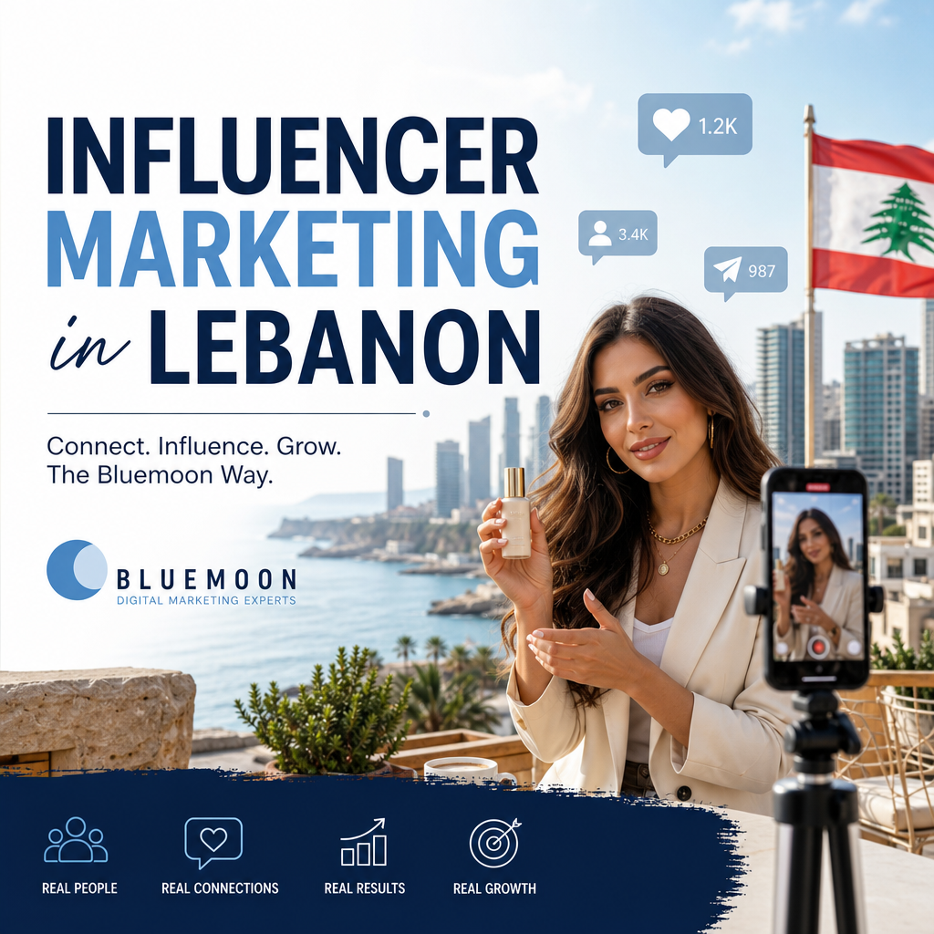 A diverse group of influencers engaging with digital content, representing Bluemoon's marketing expertise in Lebanon.