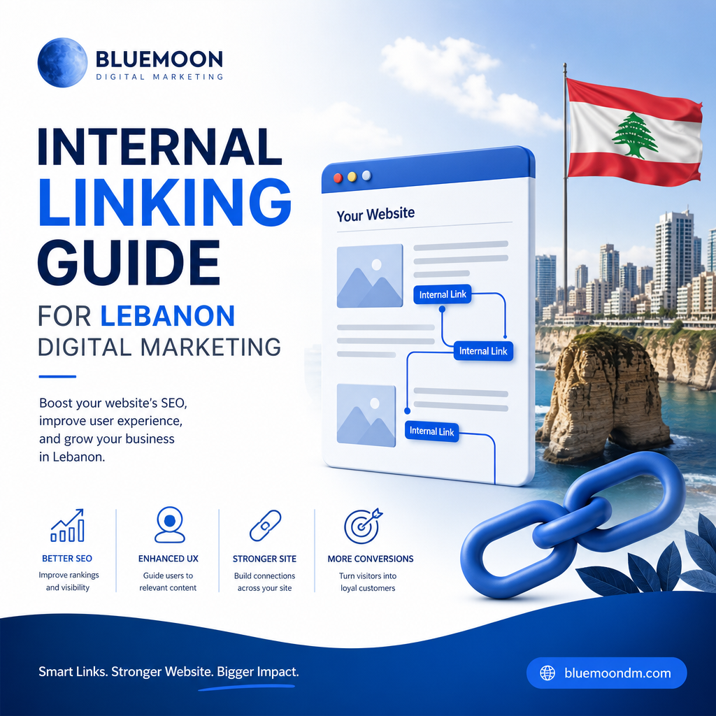 Internal Linking Guide for Lebanon Digital Marketing - Bluemoon Infographic titled "Internal Linking Guide for Lebanon Digital Marketing by Bluemoon" showing steps to boost SEO and user eng