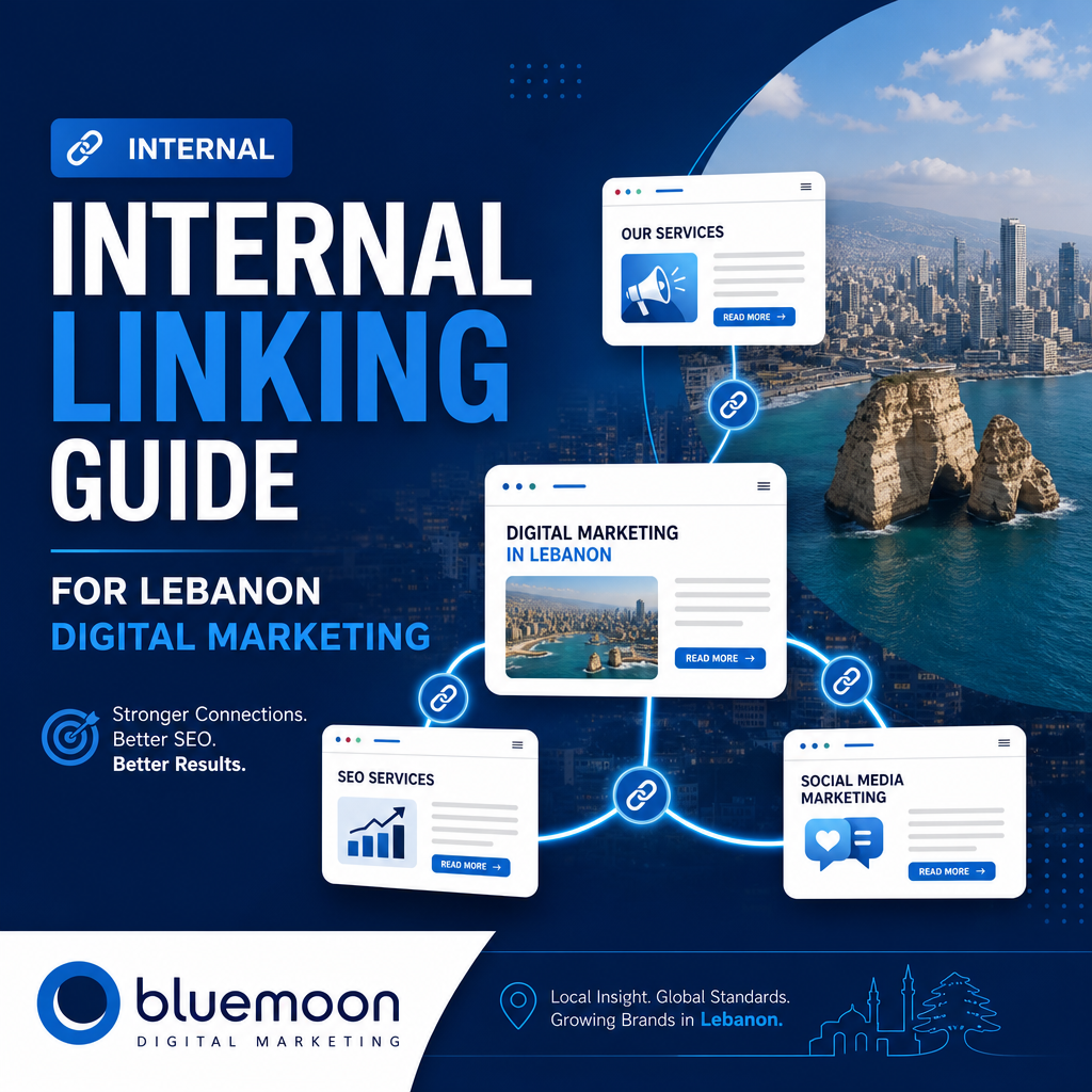 Internal Linking Guide for Lebanon Marketing - Bluemoon Infographic titled "Internal Linking Guide for Lebanon Digital Marketing by Bluemoon" illustrating SEO and user engagement st