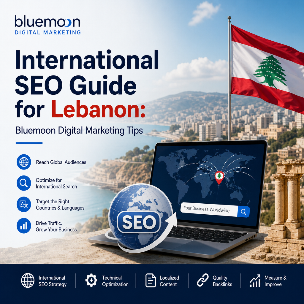 Laptop screen displaying international SEO guide for Lebanon with Bluemoon digital marketing tips and a world map background.