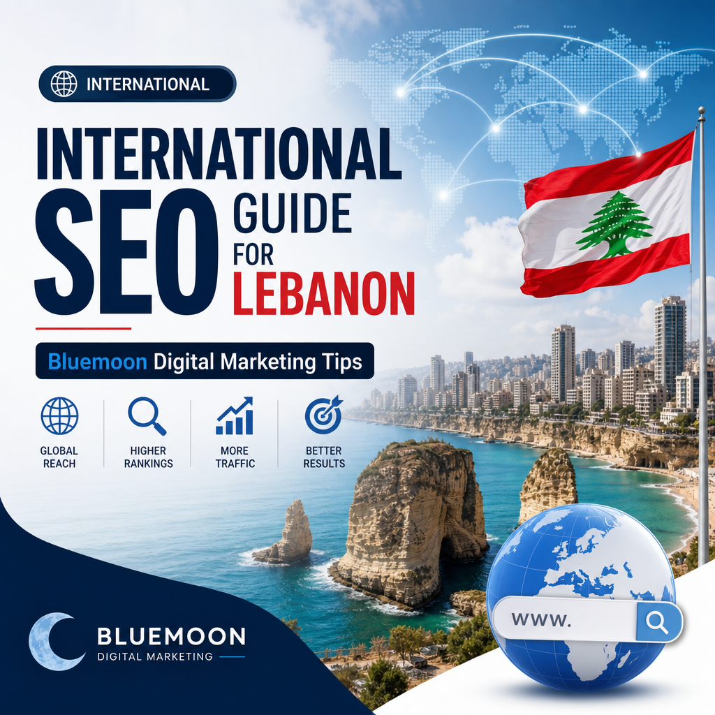 A digital guide cover showing "International SEO Guide for Lebanon" by Bluemoon Digital Marketing with global and Lebanon-the