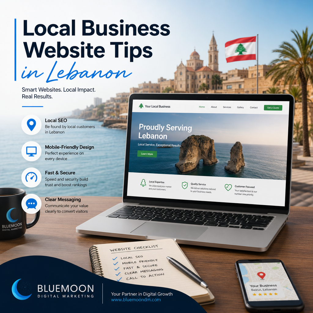Website on a laptop screen showing local business tips in Lebanon with marketing icons and a Lebanese flag.