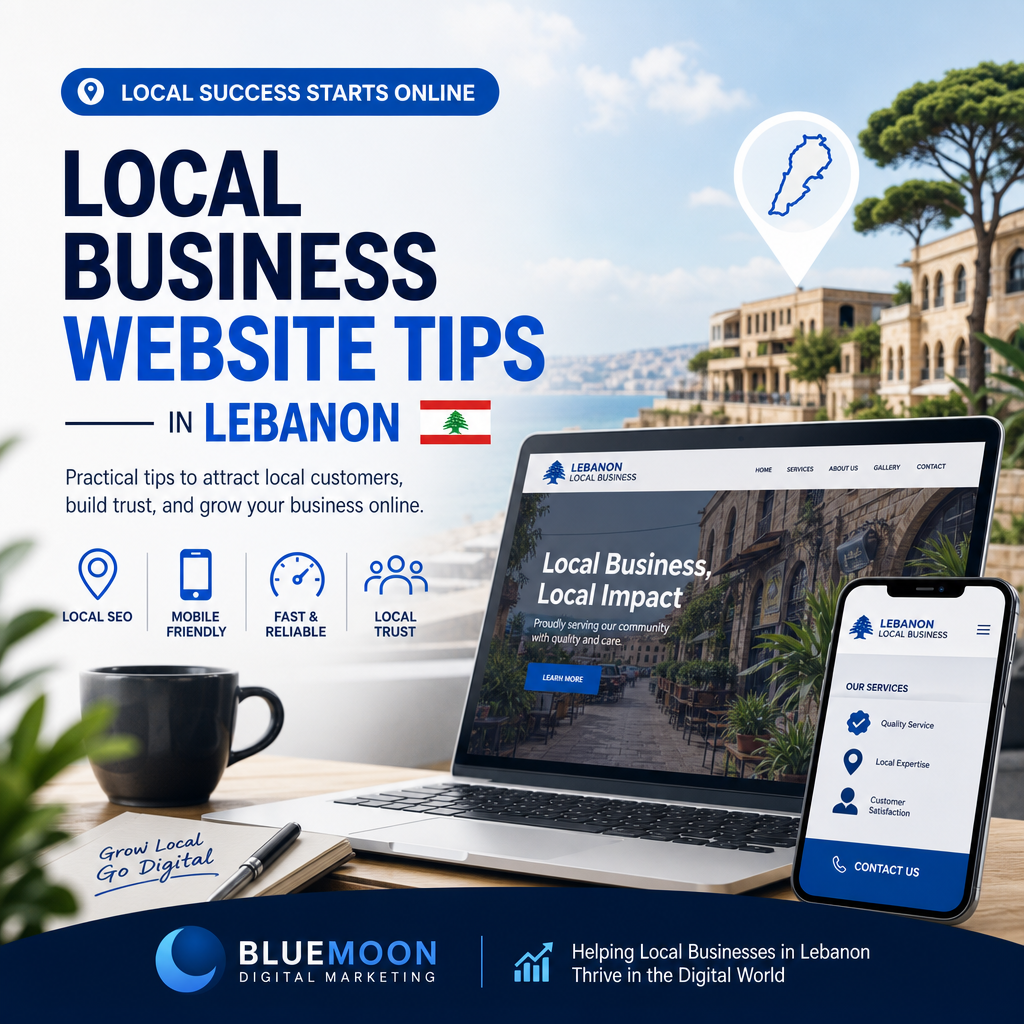 Website with local business tips for Lebanon, featuring digital marketing elements and Bluemoon branding.