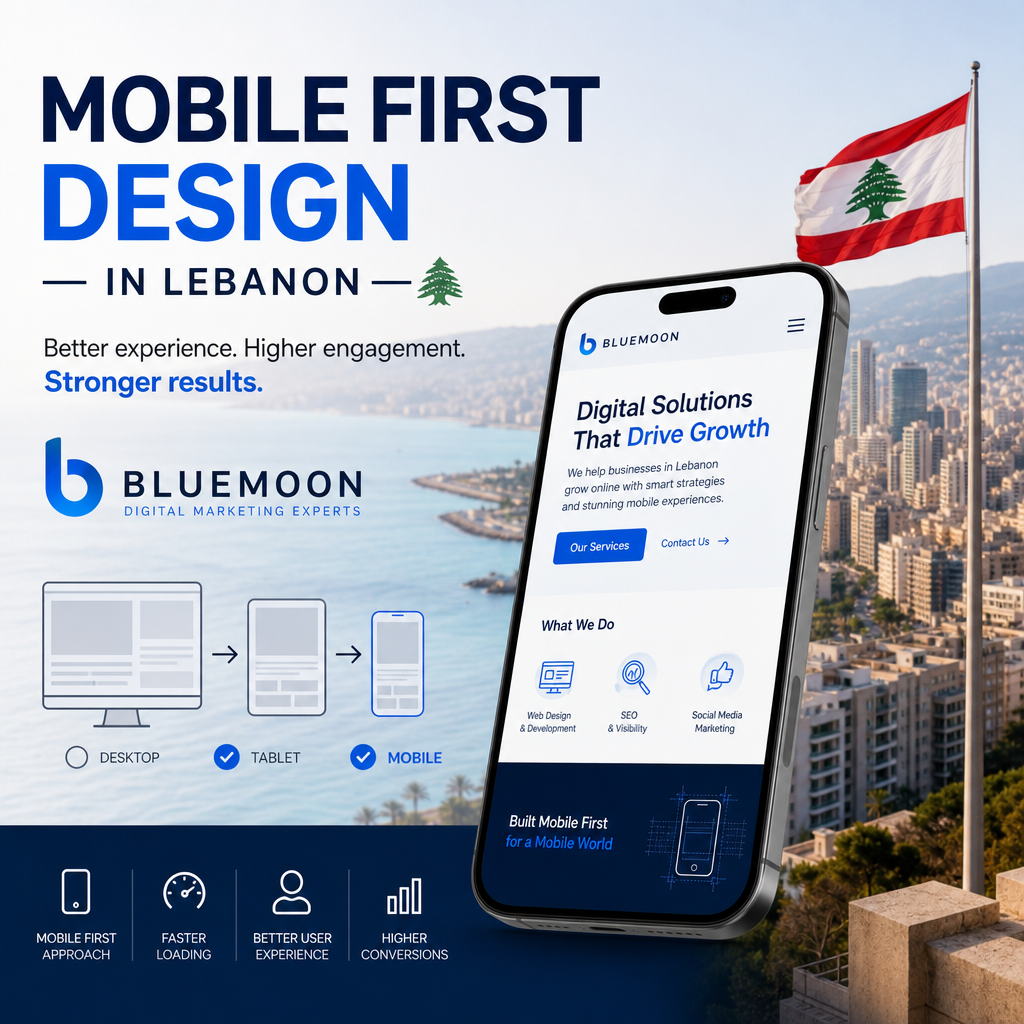 Smartphone displaying Bluemoon's mobile-first digital marketing design, highlighting user-friendly experience in Lebanon.