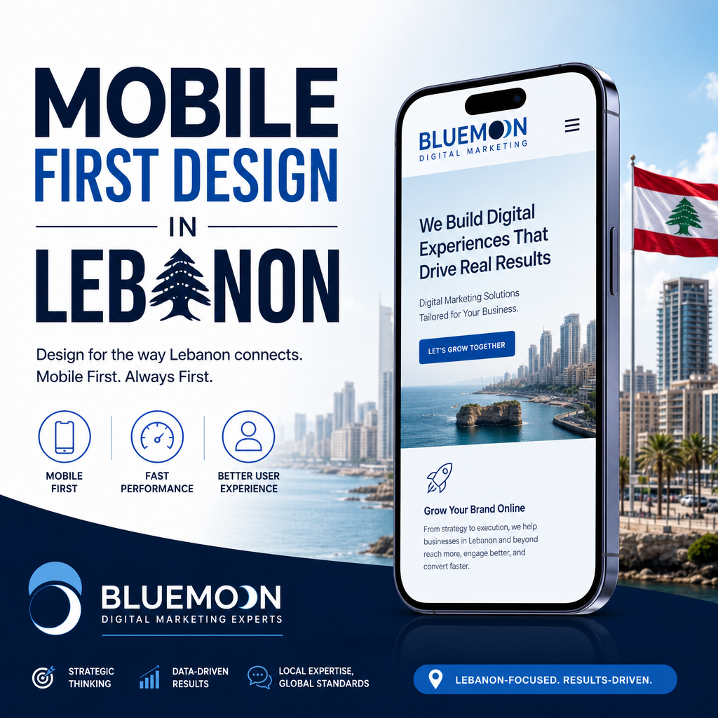 A smartphone displaying a mobile-friendly website design with Bluemoon Digital Marketing logo, symbolizing mobile first desig