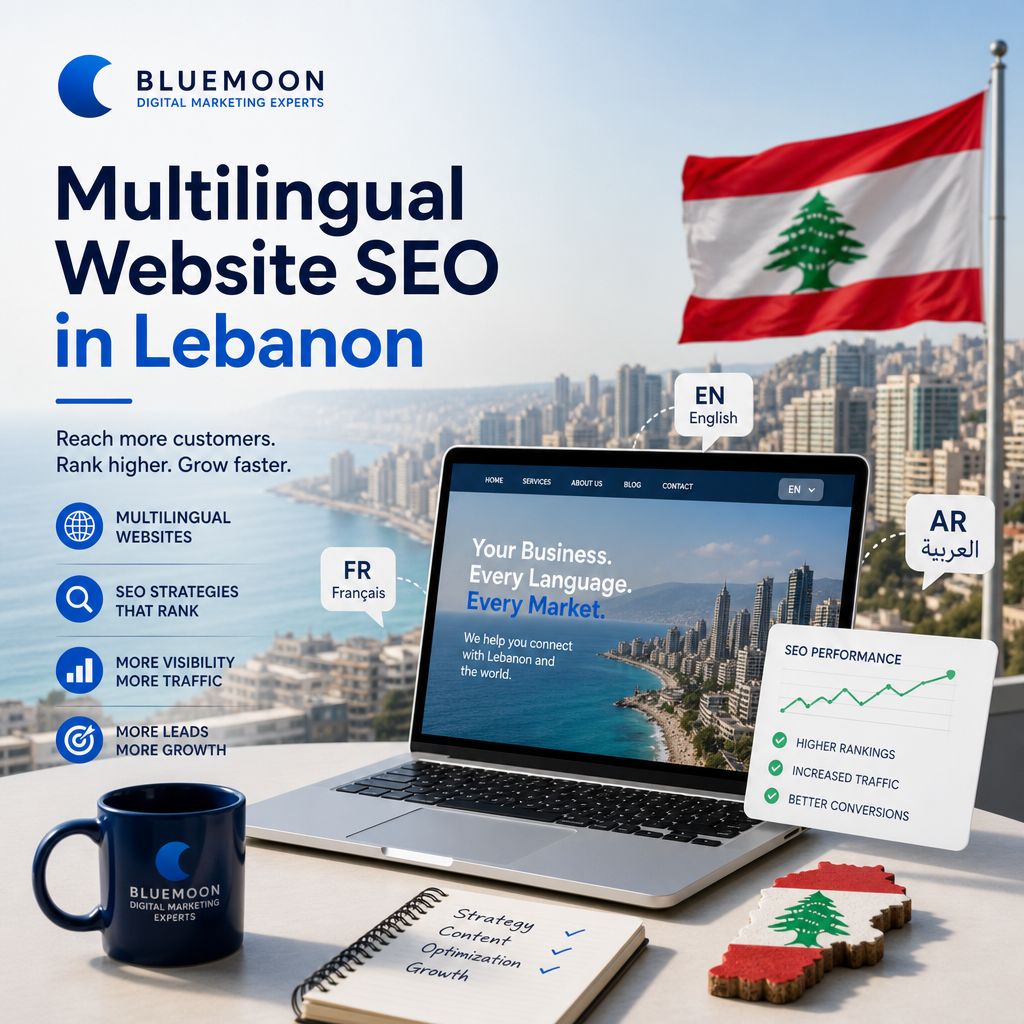 Website SEO services in Lebanon by Bluemoon, optimizing multilingual sites in Arabic, English, and French for better search r