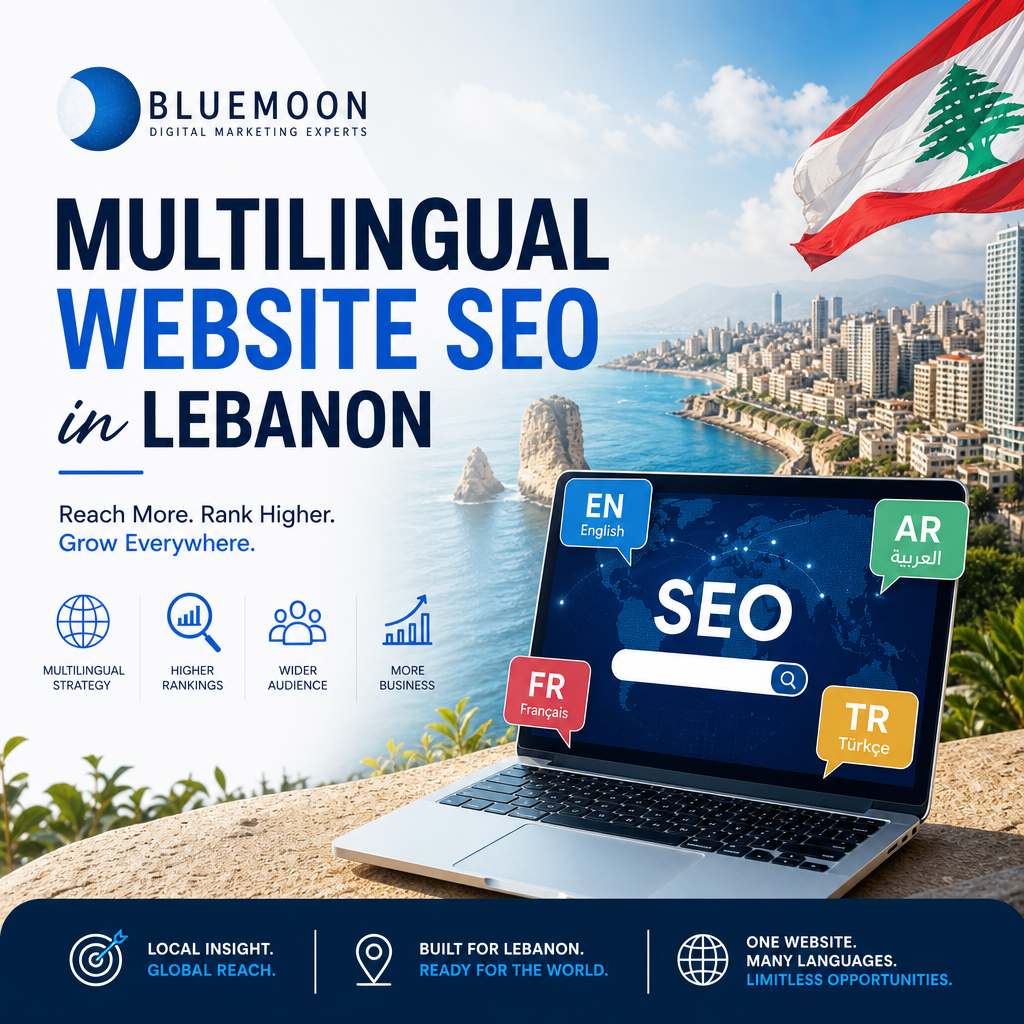 Website SEO concept showing multilingual content in Arabic, English, and French, highlighting digital marketing in Lebanon.