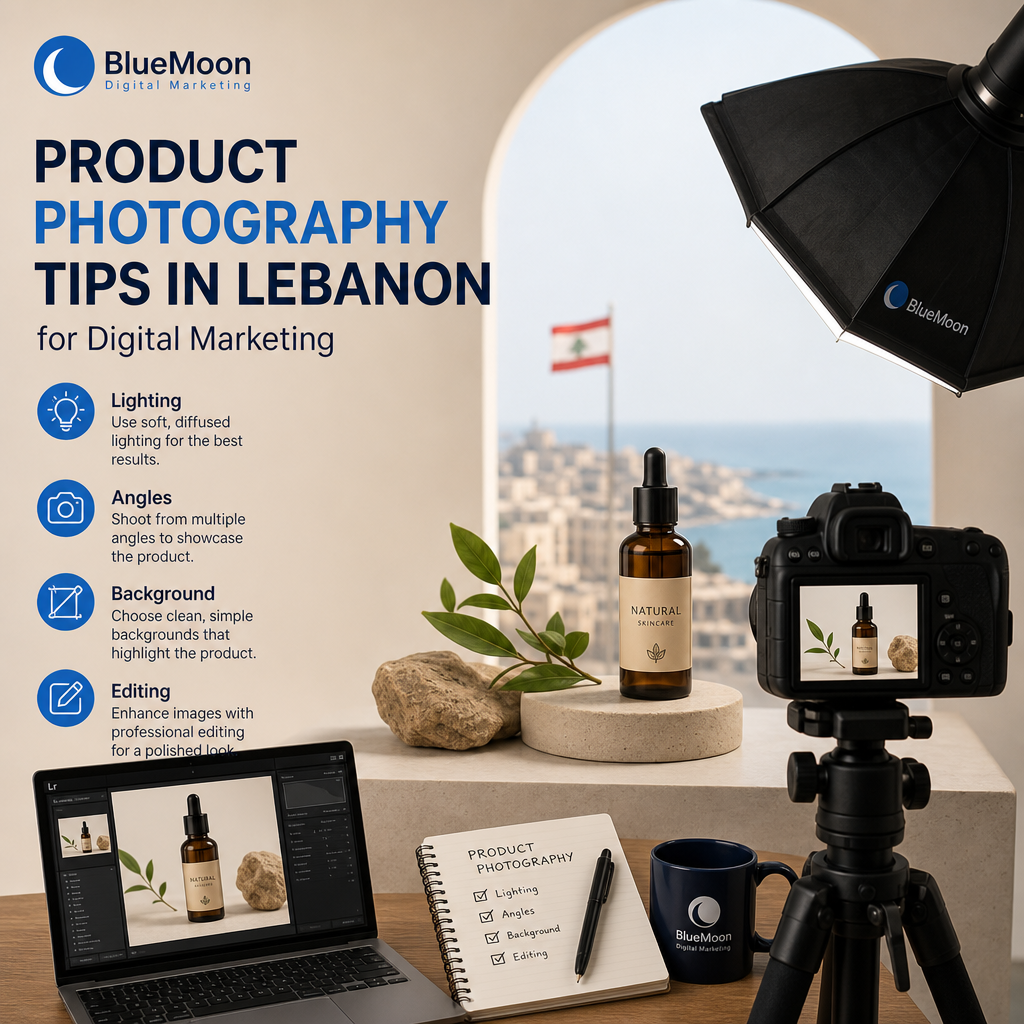 Flat lay of camera, lighting equipment, and product photo samples on a table illustrating product photography tips.