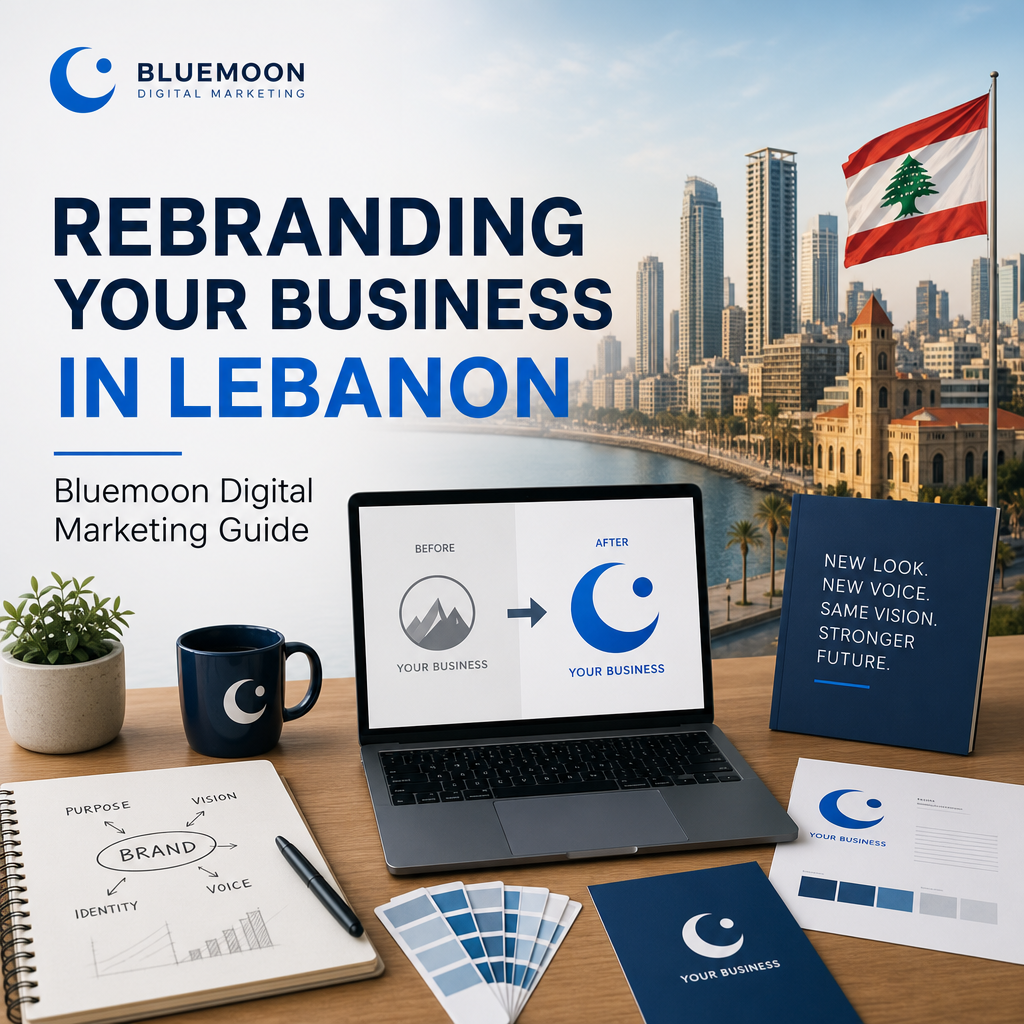 Businesswoman analyzing rebranding strategies on a digital tablet with marketing charts and Lebanese flag in the background.